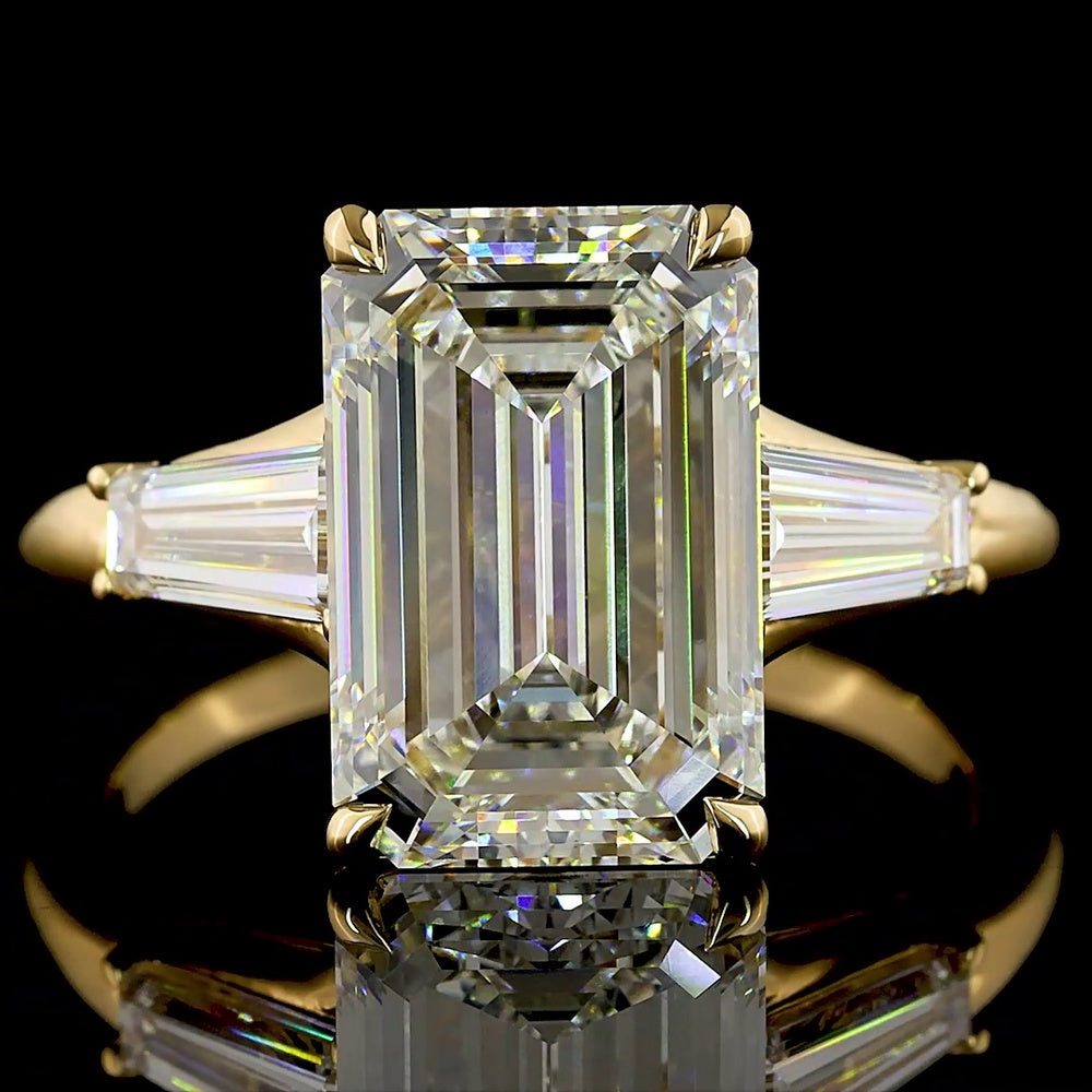 18K Yellow Gold Emerald Cut Three Stone Ring with Tapered Baguette Lab Diamonds - 4.77 Carats Total Diamond Weight - Covaloro Fine Jewelry