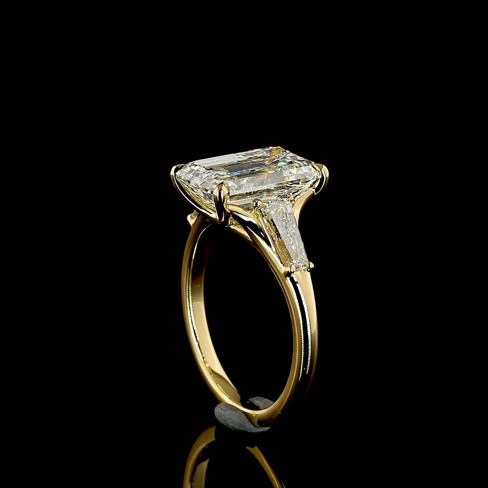 18K Yellow Gold Emerald Cut Three Stone Ring with Tapered Baguette Lab Diamonds - 4.77 Carats Total Diamond Weight - Covaloro Fine Jewelry