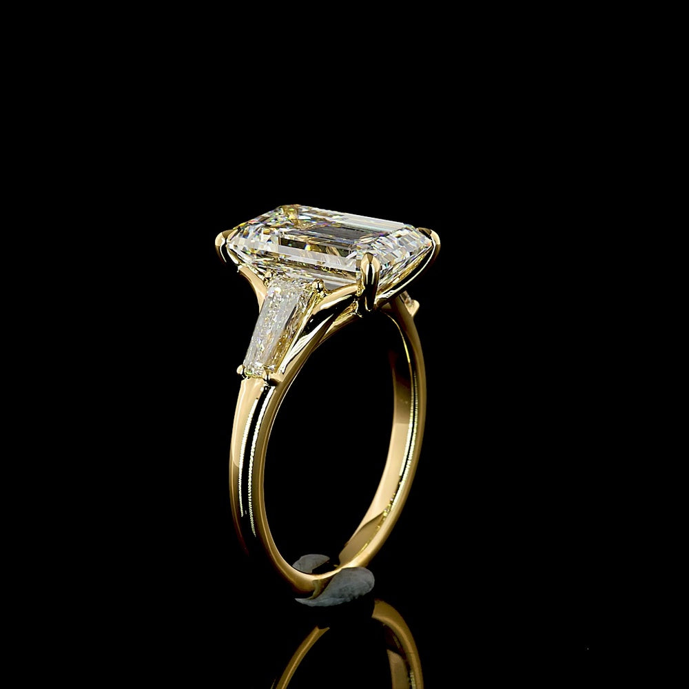 18K Yellow Gold Emerald Cut Three Stone Ring with Tapered Baguette Lab Diamonds - 4.77 Carats Total Diamond Weight - Covaloro Fine Jewelry