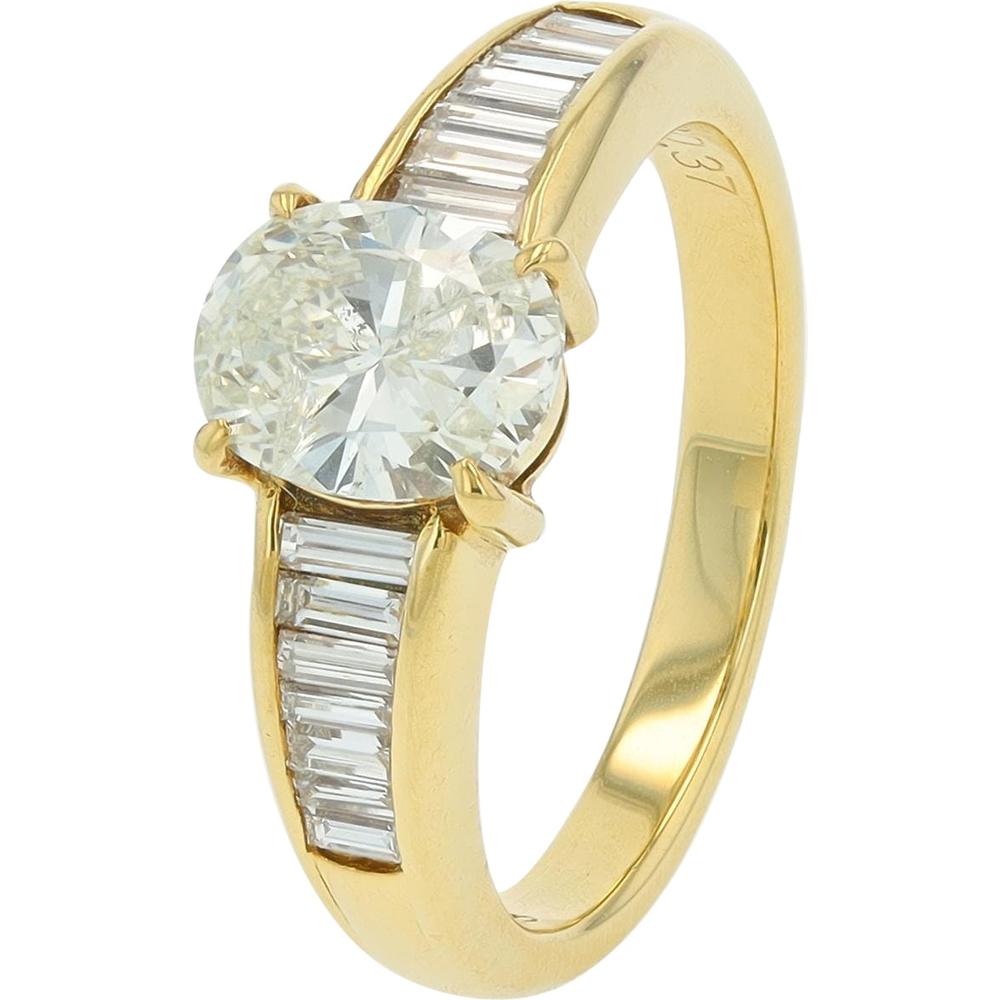 18K Yellow Gold Engagement Ring with 1.006 Carat Round Diamond and Baguette Accents - 1.376 Carat Total Diamond Weight