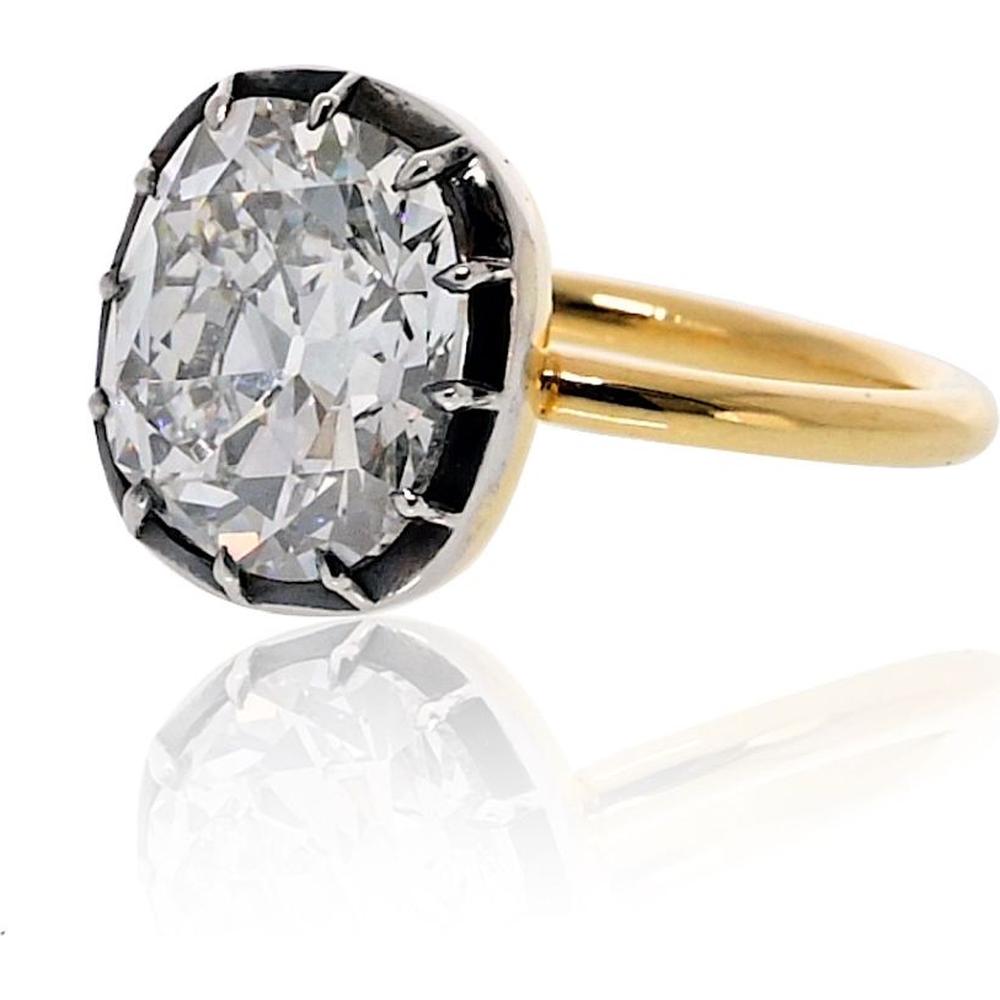18K Yellow Gold Engagement Ring with 5.03 Carats Cushion Cut Diamond (F/VS1 GIA) in Georgian-Style Silver Bezel Setting