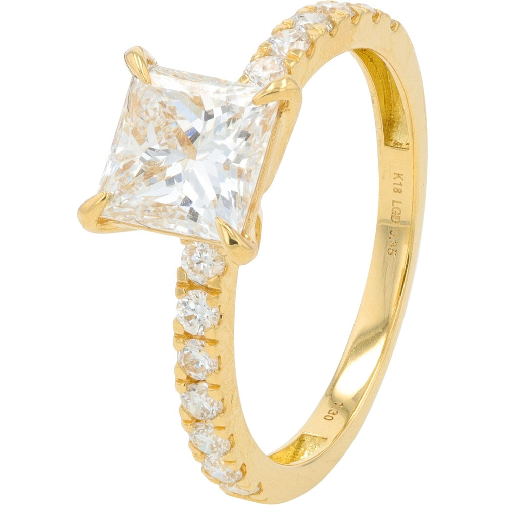 18K Yellow Gold Engagement Ring with Princess-Cut Lab Grown Diamond and Round Side Stones - 1.65 Carat Total Diamond Weight