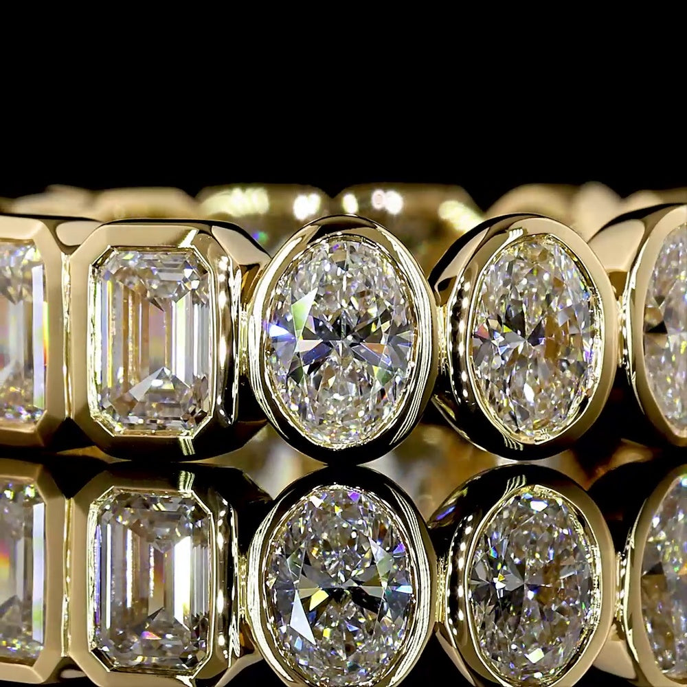 18K Yellow Gold Eternity Band with Alternating Bezel-Set Emerald Cut and Oval Cut Lab Diamonds - 3.66 Total Carat Weight - Covaloro Fine Jewelry