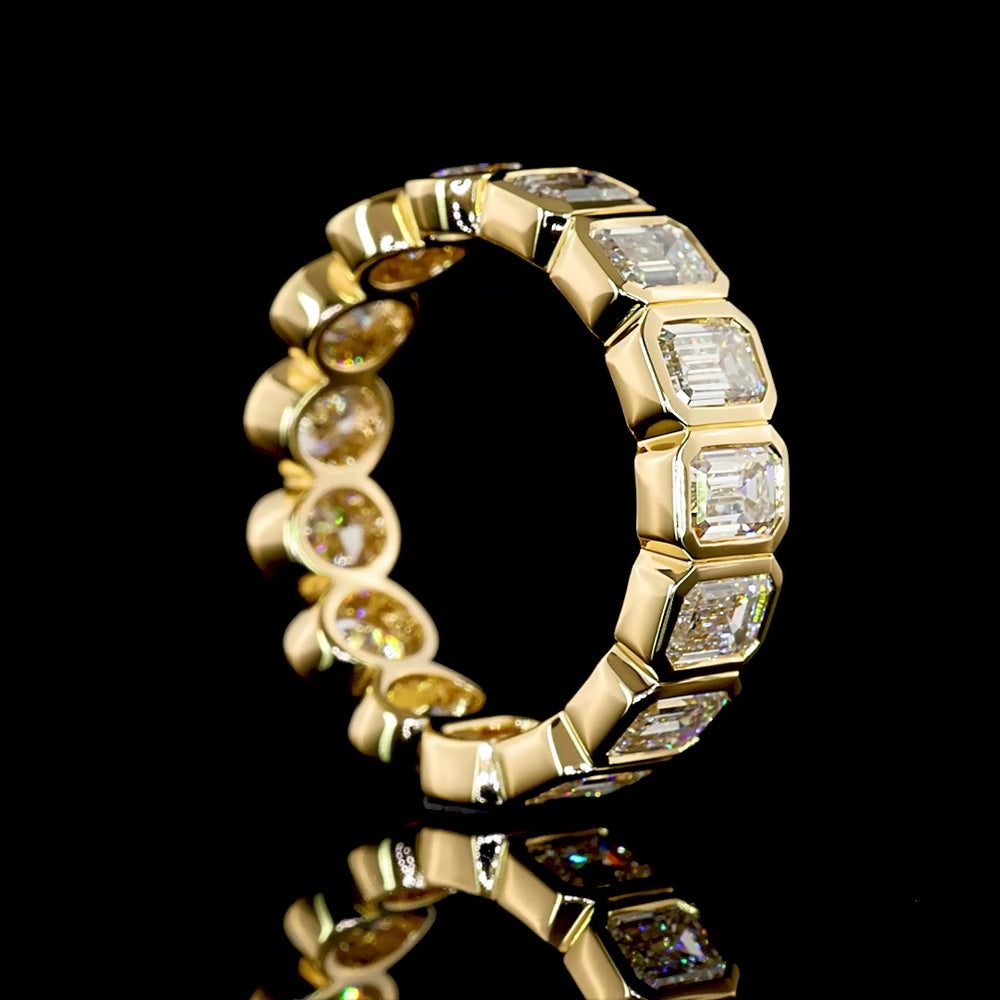18K Yellow Gold Eternity Band with Alternating Bezel-Set Emerald Cut and Oval Cut Lab Diamonds - 3.66 Total Carat Weight - Covaloro Fine Jewelry
