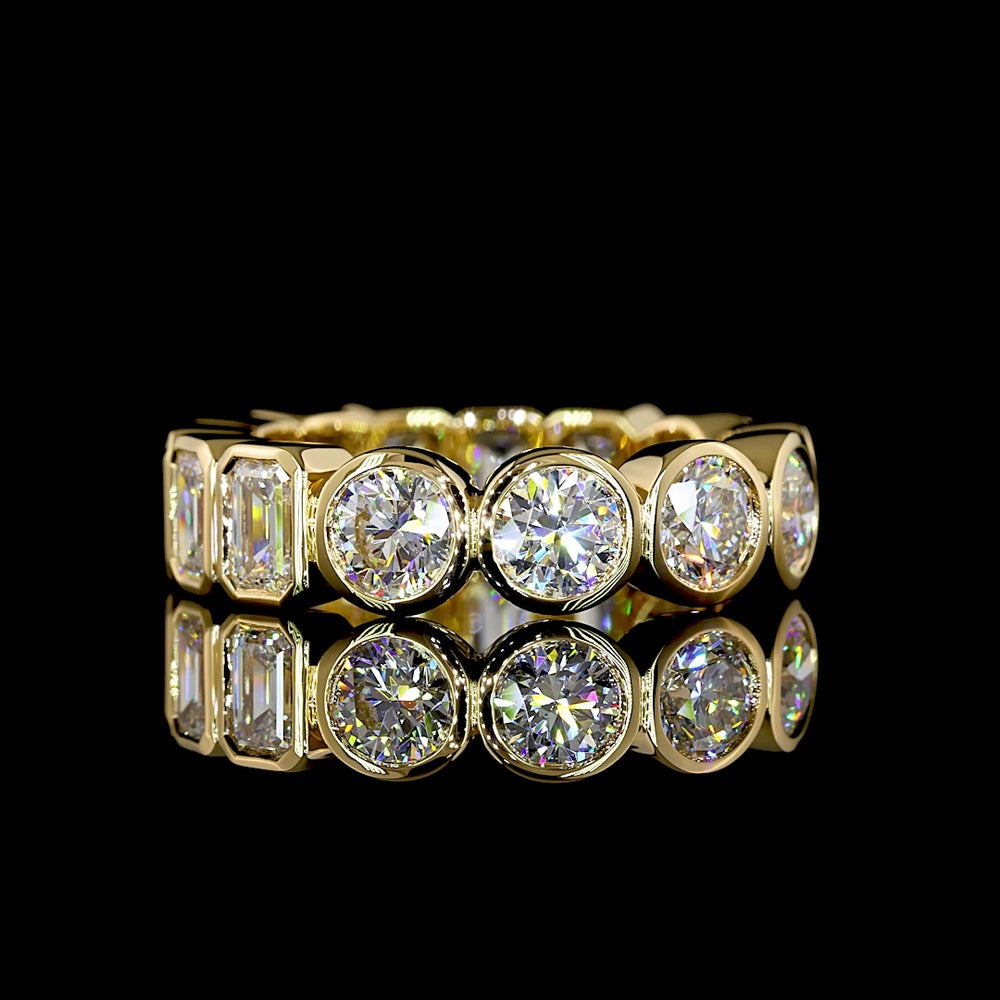 18K Yellow Gold Eternity Band with Alternating Bezel-Set Emerald Cut and Round Brilliant Lab Diamonds - 4.15 Carats Total Diamond Weight - Covaloro Fine Jewelry