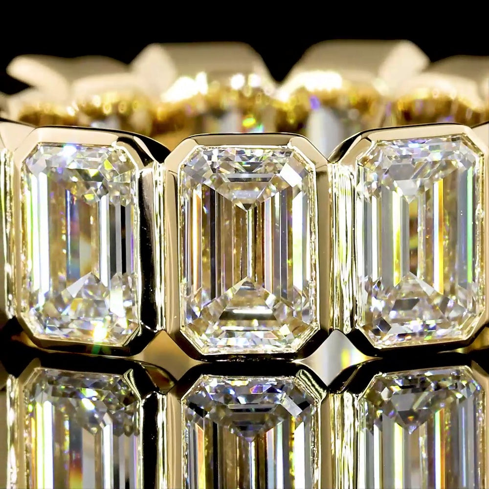 18K Yellow Gold Eternity Band with Bezel Set Emerald Cut Lab Diamonds - 8.12 Carat Total Diamond Weight, E-F Color VS1 Clarity - Covaloro Fine Jewelry