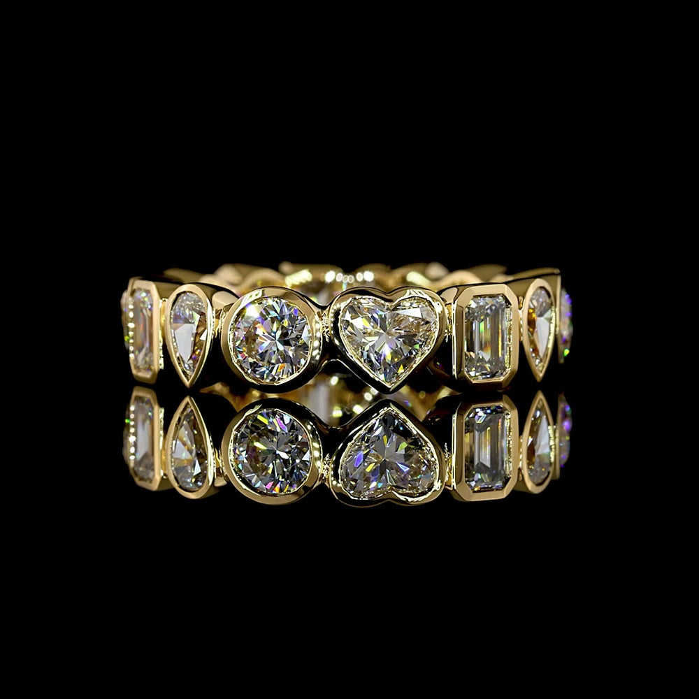 18K Yellow Gold Eternity Band with Bezel-Set Mixed Cut Lab Diamonds - Round, Heart, Emerald & Pear Shapes - 3.59 Carat Total Weight - Covaloro Fine Jewelry
