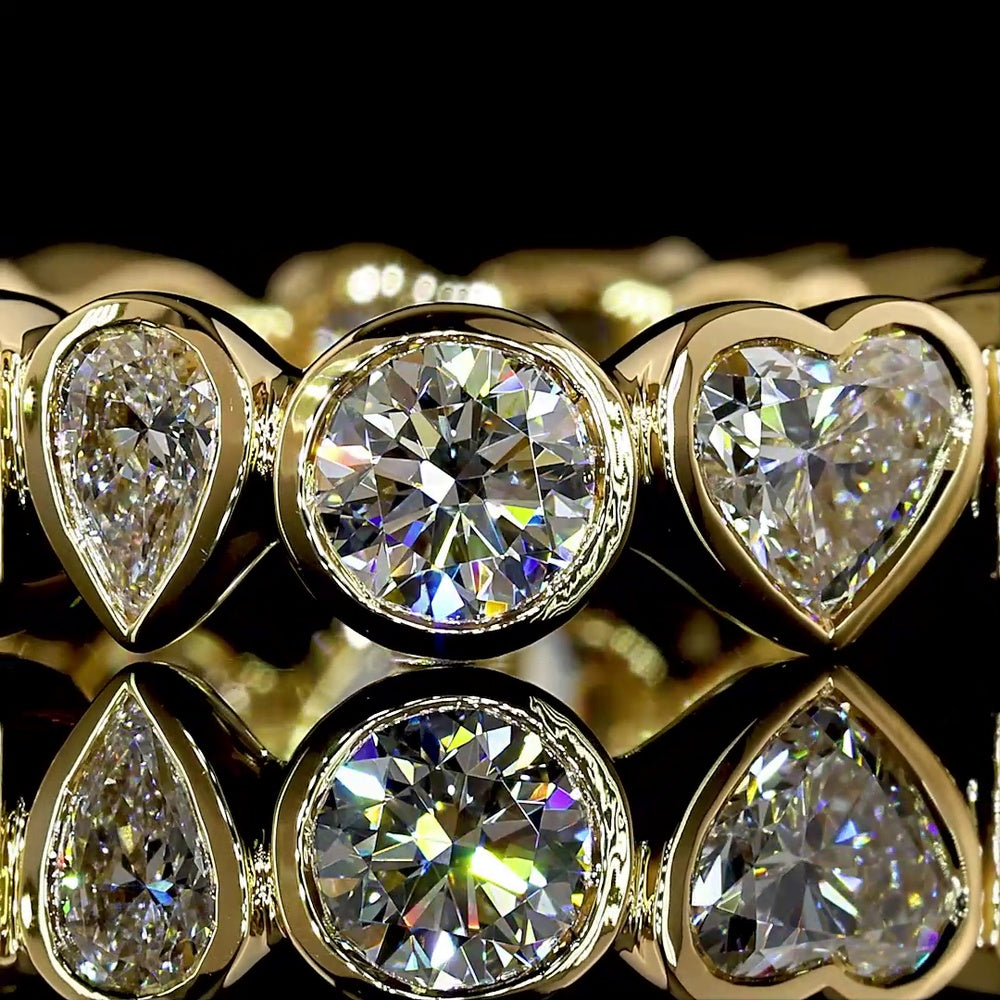 18K Yellow Gold Eternity Band with Bezel-Set Mixed Cut Lab Diamonds - Round, Heart, Emerald & Pear Shapes - 3.59 Carat Total Weight - Covaloro Fine Jewelry