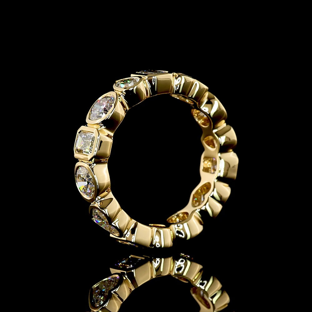 18K Yellow Gold Eternity Band with Bezel-Set Mixed Cut Lab Diamonds - Round, Heart, Emerald & Pear Shapes - 3.59 Carat Total Weight - Covaloro Fine Jewelry