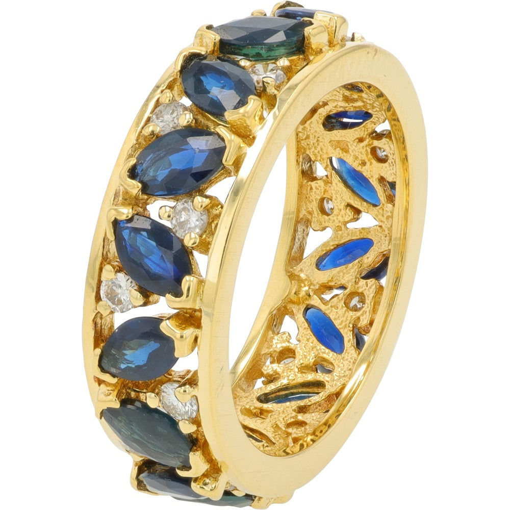 18K Yellow Gold Eternity Band with Marquise-Cut Sapphires and Round Diamond Accents - 4.00 Carat Total Sapphire Weight