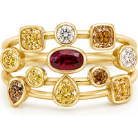 18K Yellow Gold Fashion Ring with Bezel-Set Multicolor Diamonds and Center Ruby - 2.76 Carat Total Diamond Weight by Auriventus