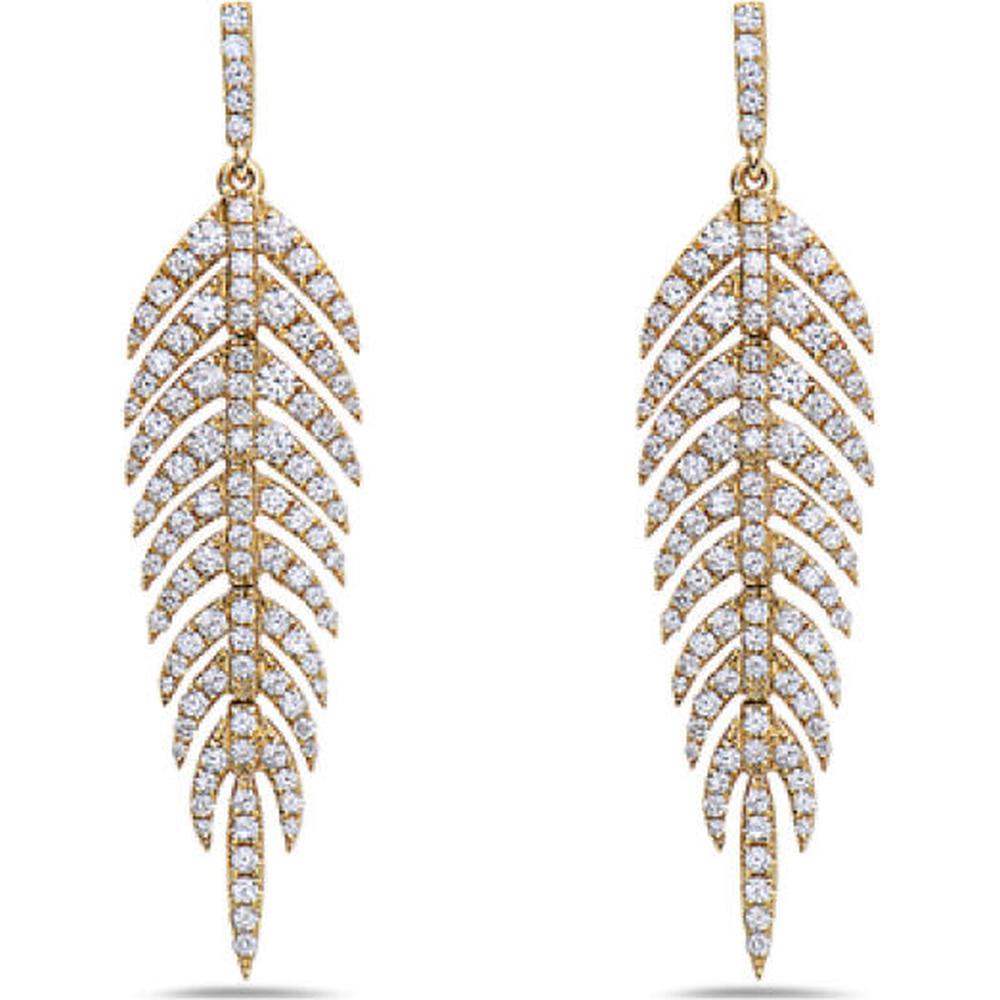 18K Yellow Gold Feather-Inspired Drop Earrings with Round Diamonds by Afarin