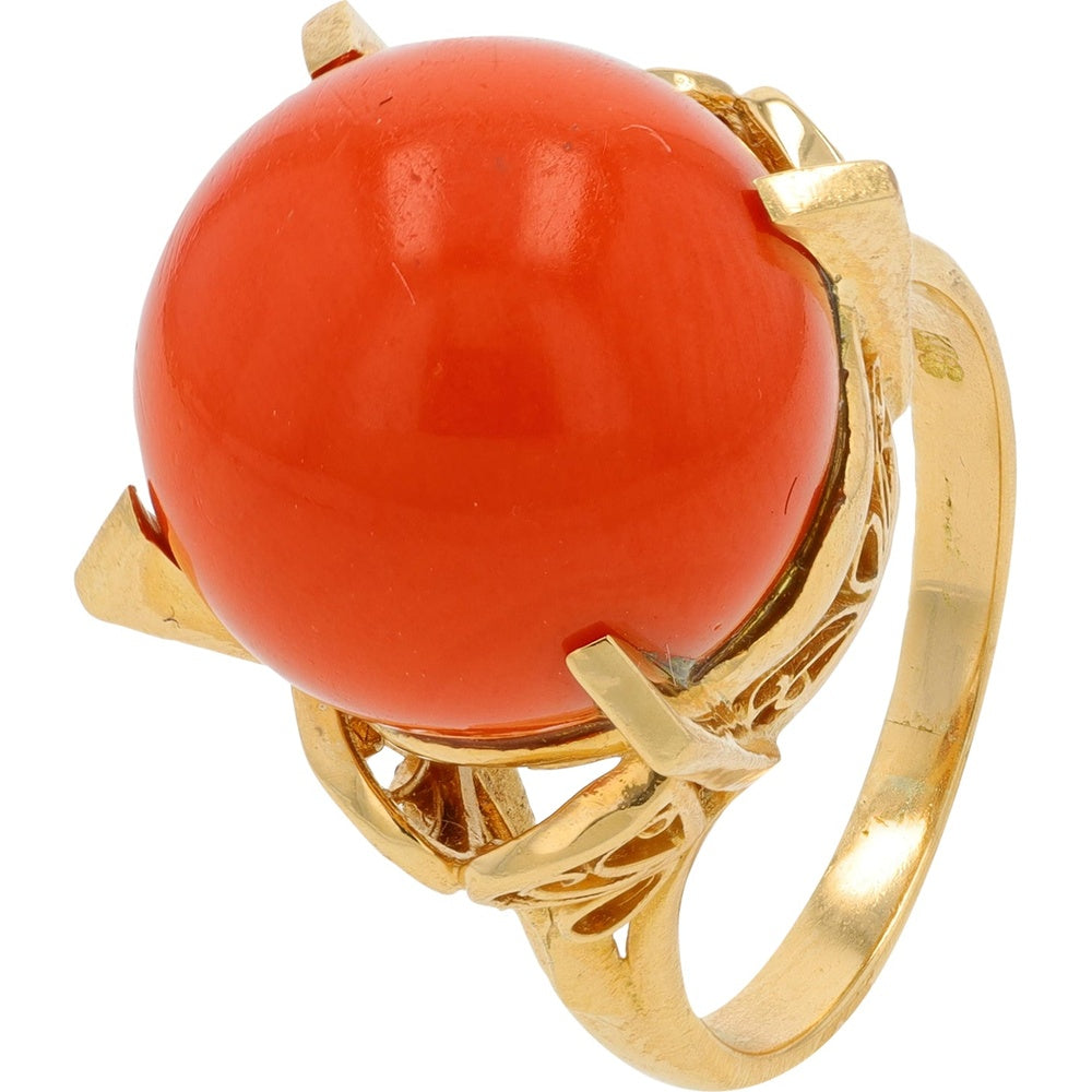 18K Yellow Gold Filigree Setting Ring with Round Red Coral Cabochon - Size 6.25