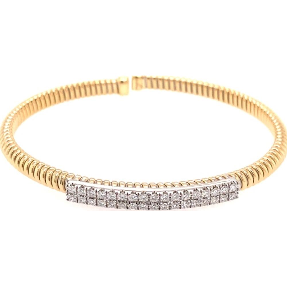 18K Yellow Gold Flexible Bangle Bracelet with White Gold Round Diamond Center Bar by Afarin