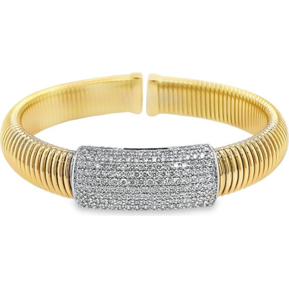 18K Yellow Gold Flexible Ribbed Bangle with Pavé Diamond Center by Afarin