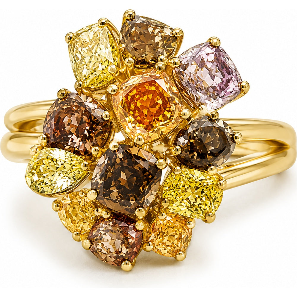 18K Yellow Gold Floral Cluster Cocktail Ring with Cushion and Marquise Fancy Color Diamonds - 4.03 Carat Total Diamond Weight by Auriventus