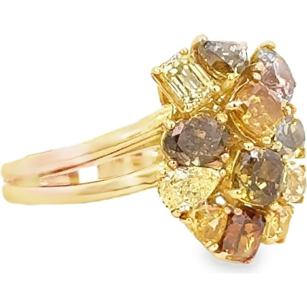 18K Yellow Gold Floral Cluster Cocktail Ring with Cushion and Marquise Fancy Color Diamonds - 4.03 Carat Total Diamond Weight by Auriventus
