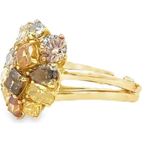 18K Yellow Gold Floral Cluster Cocktail Ring with Cushion and Marquise Fancy Color Diamonds - 4.03 Carat Total Diamond Weight by Auriventus
