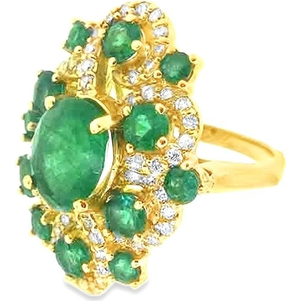 18K Yellow Gold Floral Cluster Ring with Oval Emeralds and Round Diamond Accents - 4.41 Carat Total Emerald Weight and 0.67 Carat Total Diamond Weight by Auriventus
