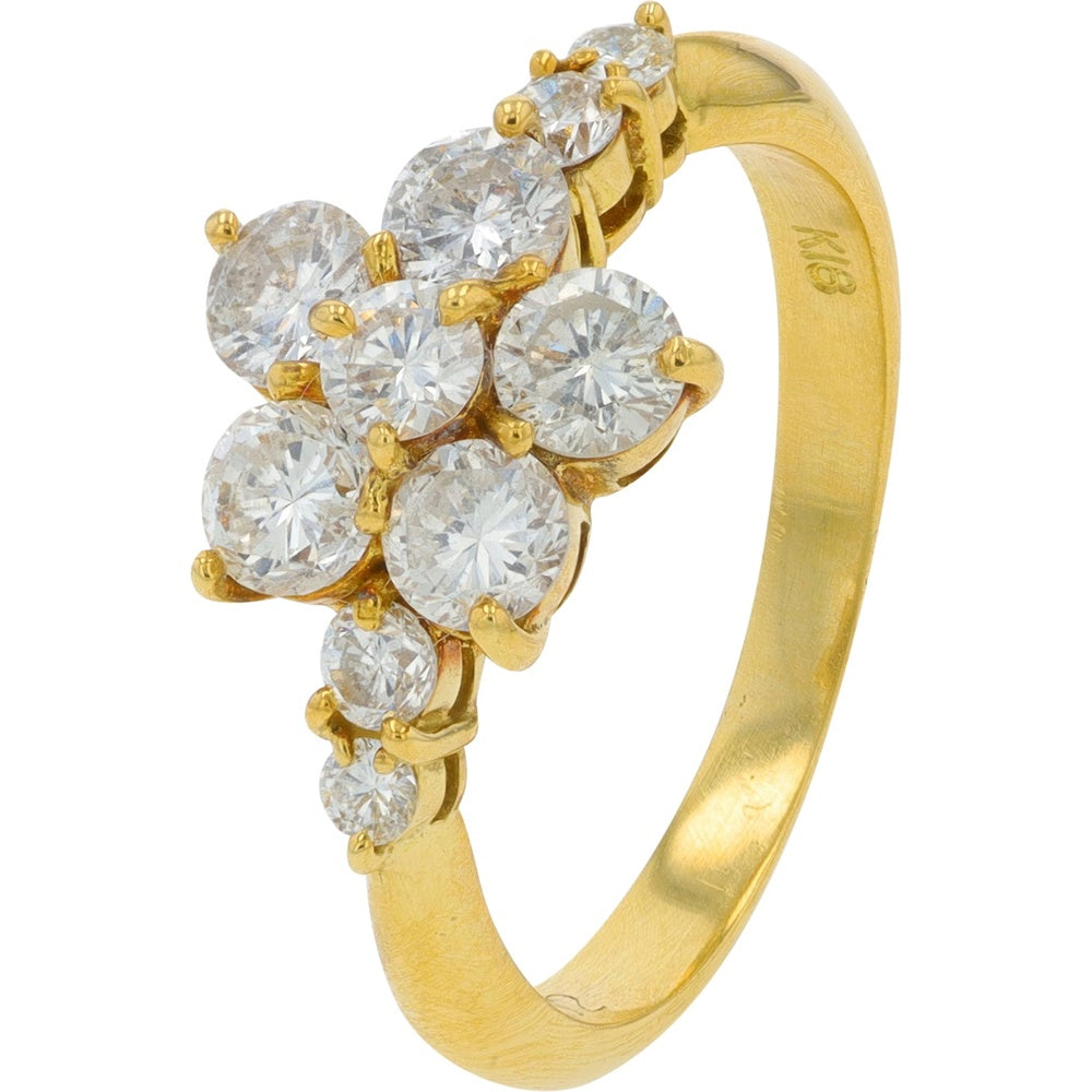 18K Yellow Gold Floral Cluster Ring with Prong-Set Round Diamonds - 1.02 Carat Total Diamond Weight