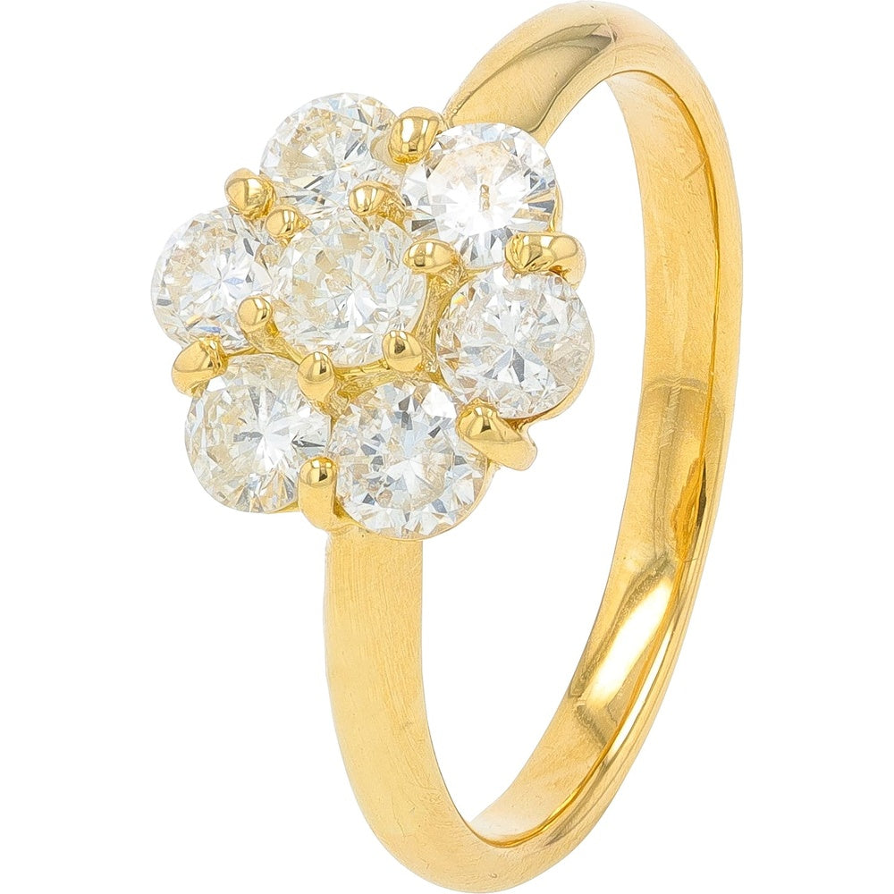 18K Yellow Gold Floral Cluster Ring with Round Brilliant Cut Diamonds - 1.00 Carat Total Diamond Weight