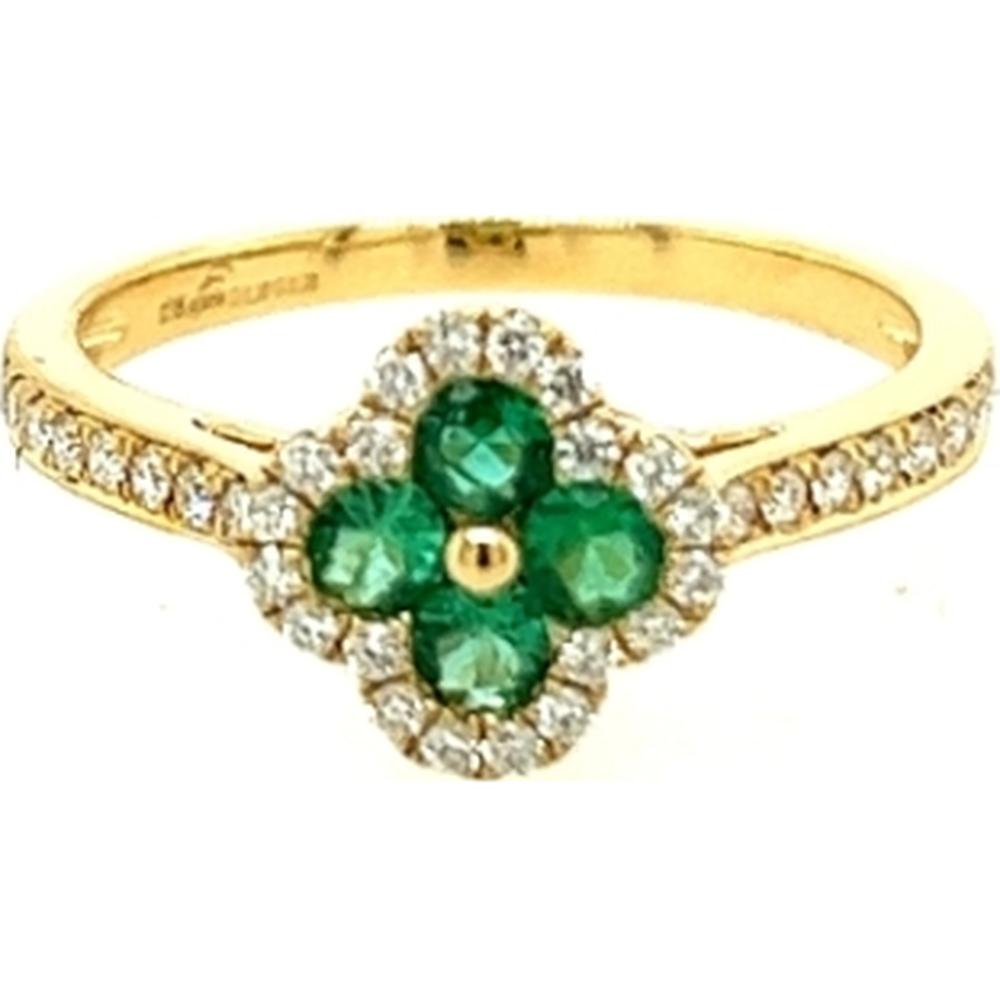 18K Yellow Gold Floral Cluster Ring with Round Emeralds and Diamond Halo Accents by Afarin