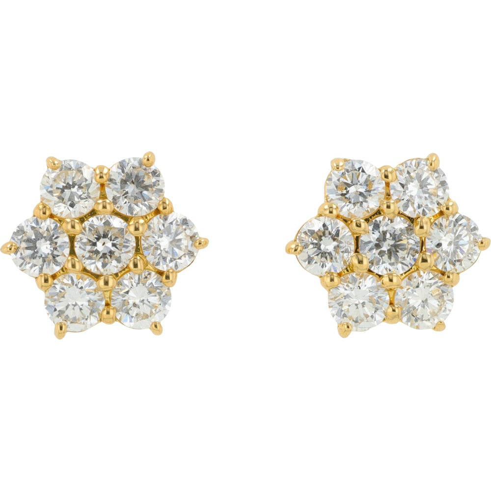 18K Yellow Gold Floral Cluster Stud Earrings with Prong Set Round Lab Grown Diamonds - 1.00 Carat Total Diamond Weight