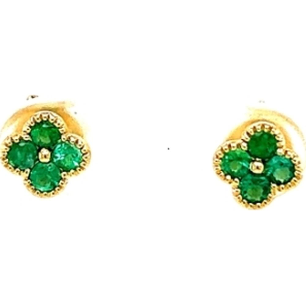 18K Yellow Gold Floral Cluster Stud Earrings with Round Emeralds by Afarin