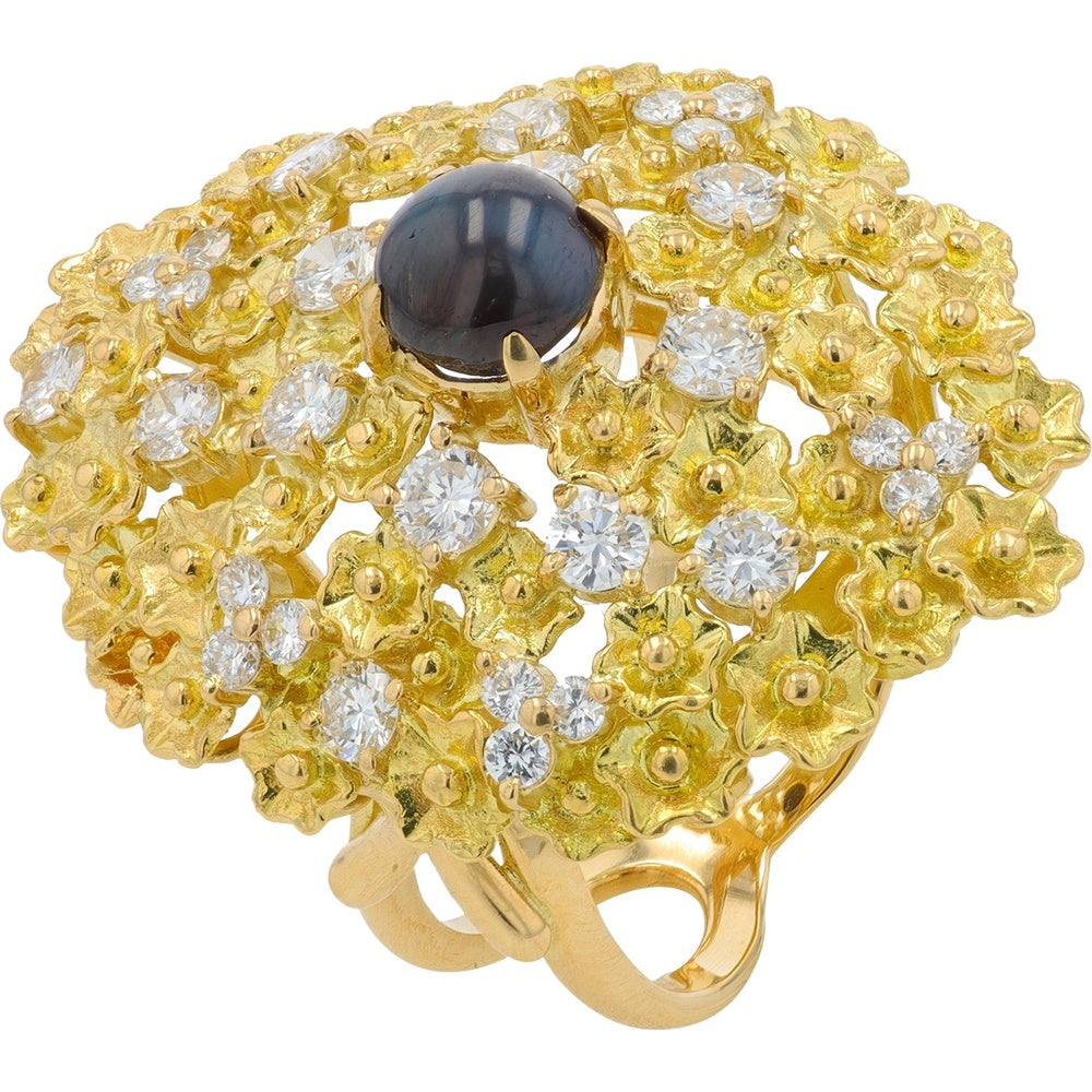 18K Yellow Gold Floral Cocktail Ring with 1.657 Carat Cat's Eye Gemstone and Diamond Accents - Size 6.75