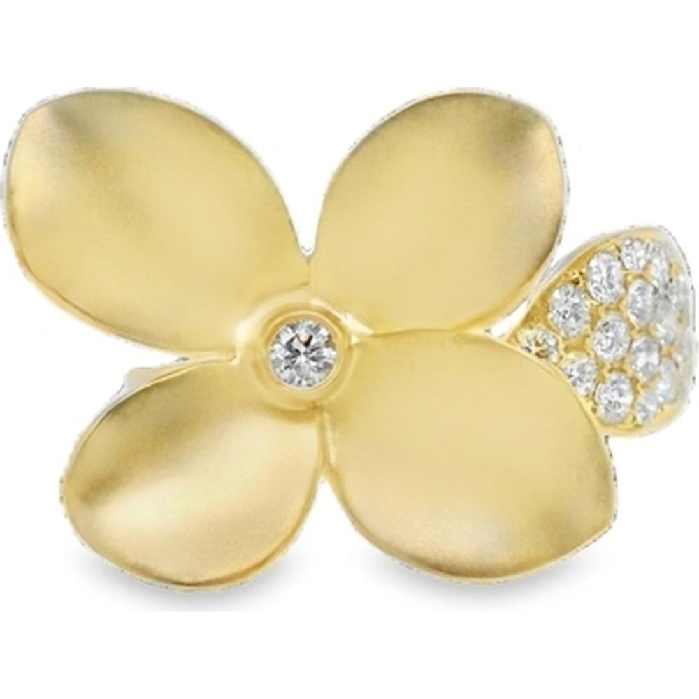 18K Yellow Gold Floral Diamond Ring with Bezel-Set Center Diamond and Pavé Diamond Accent by Afarin