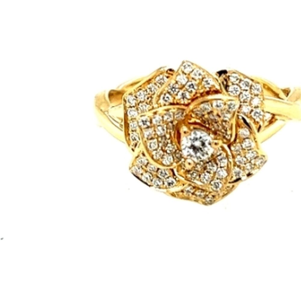 18K Yellow Gold Floral Diamond Ring with Round Center Diamond and Pavé Diamond Petals by Afarin