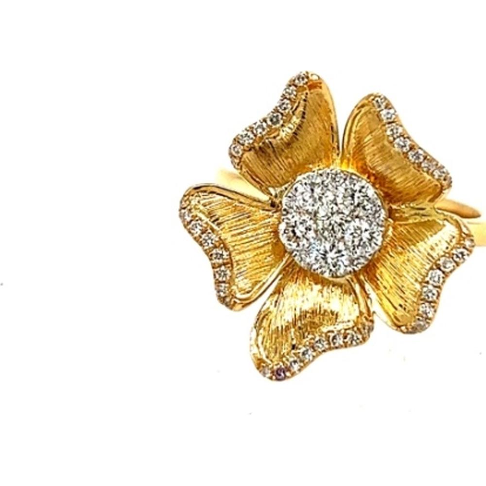 18K Yellow Gold Floral Diamond Ring with Round Diamond Cluster Center and Diamond-Accented Petals by Afarin