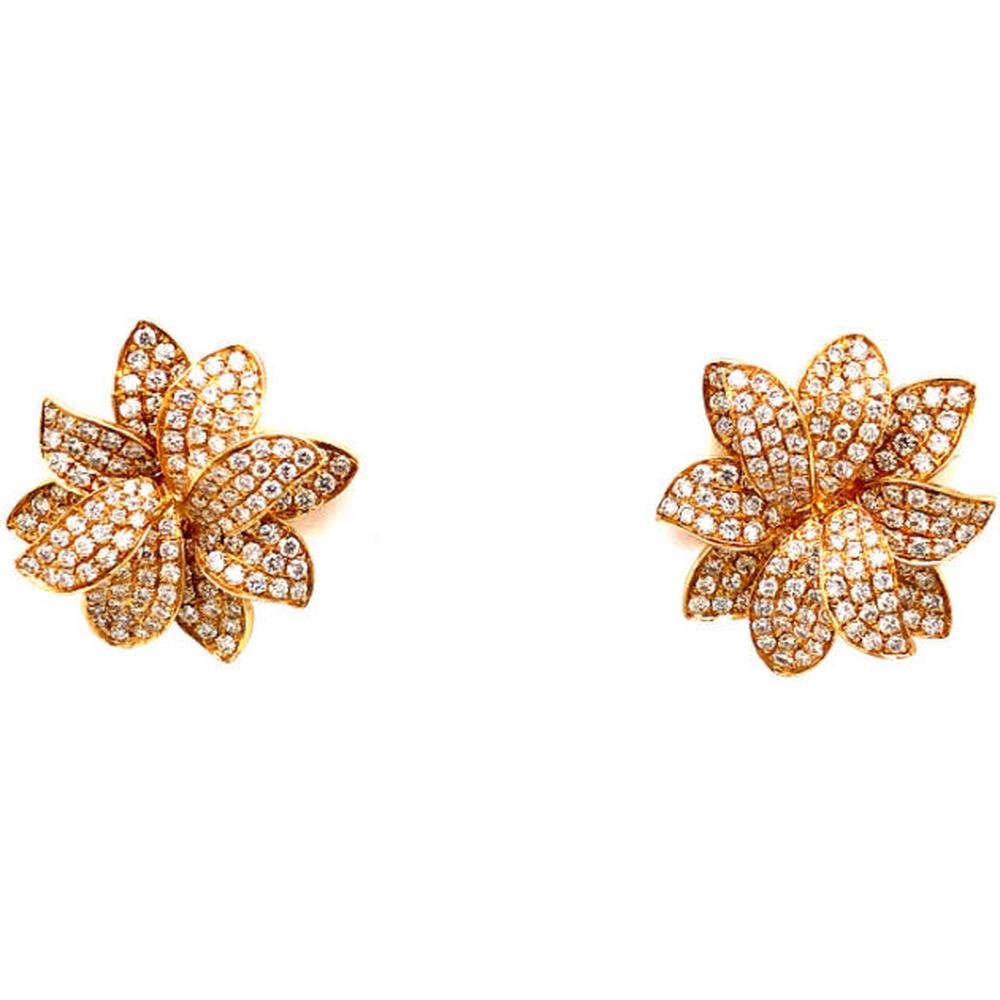 18K Yellow Gold Floral Diamond Stud Earrings with Pave-Set Round Diamonds by Afarin
