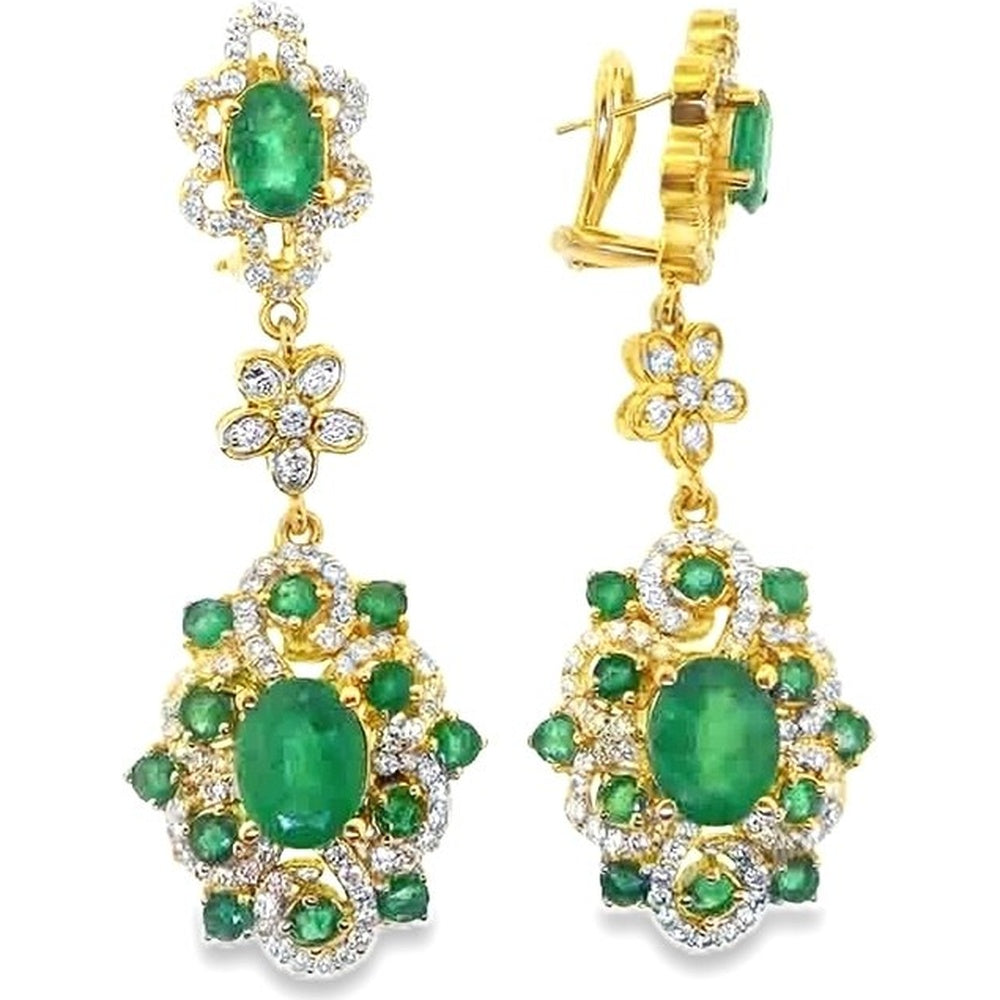 18K Yellow Gold Floral Drop Earrings with Halo Set Oval Emeralds and Diamonds - 7.14 Carat Total Emerald Weight and 2.35 Carat Total Diamond Weight by Auriventus