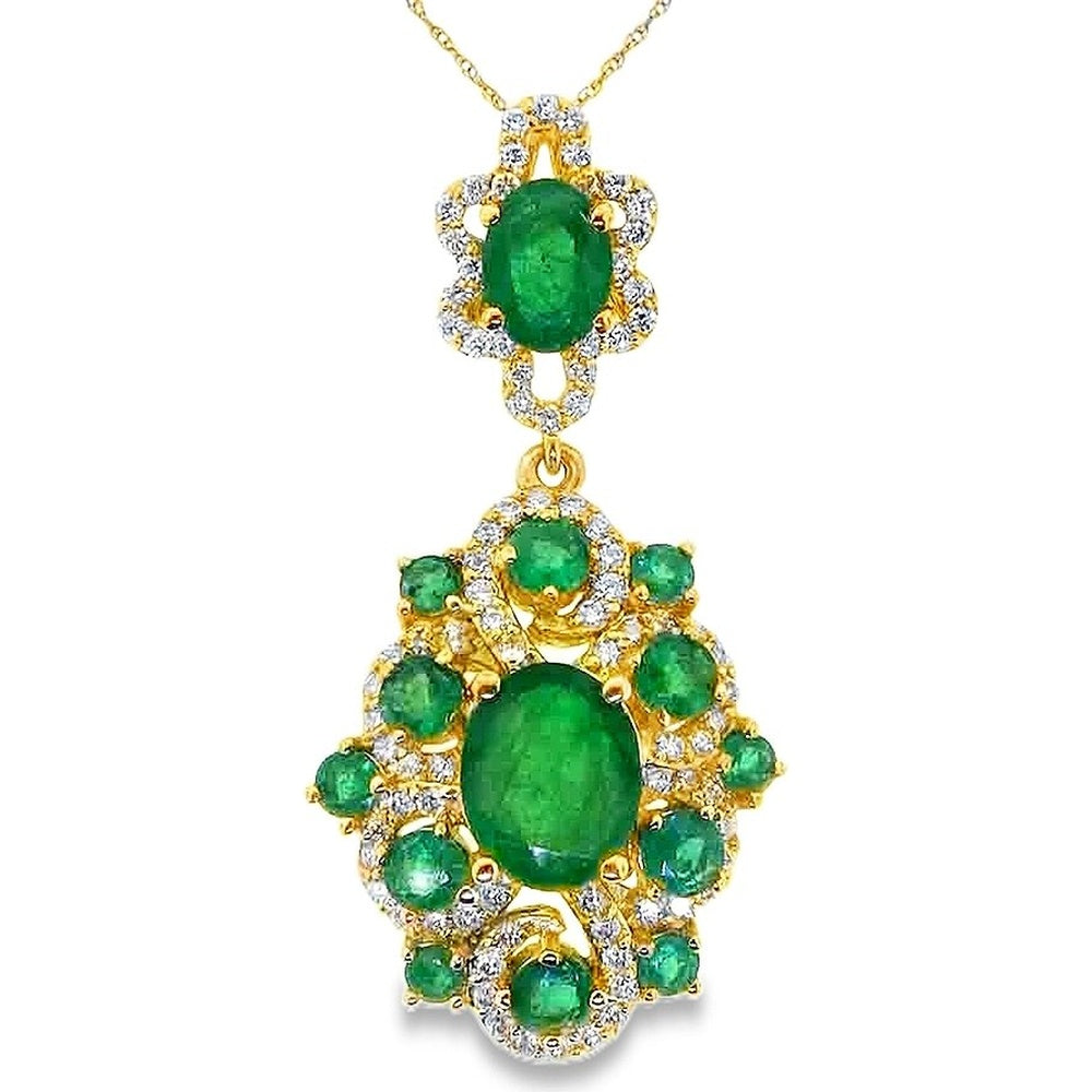 18K Yellow Gold Floral Drop Pendant with Prong Set Round Diamonds and Oval Emeralds - 0.93 Carat Total Diamond Weight and 5.16 Carat Total Emerald Weight by Auriventus