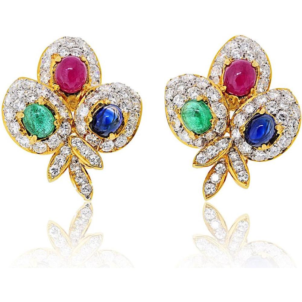 18K Yellow Gold Floral Earrings with Ruby, Emerald, Sapphire, and Diamond Accents - 17.5 Grams Total Weight