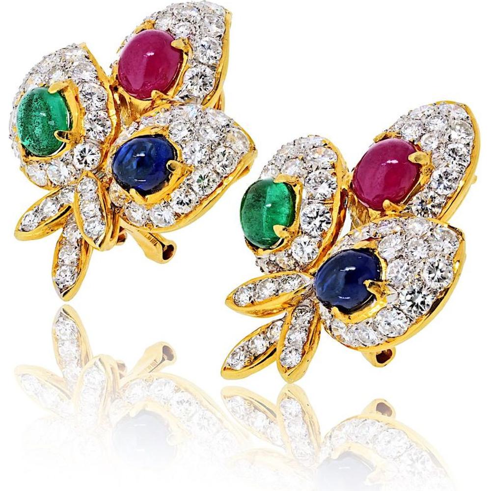 18K Yellow Gold Floral Earrings with Ruby, Emerald, Sapphire, and Diamond Accents - 17.5 Grams Total Weight