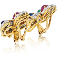 18K Yellow Gold Floral Earrings with Ruby, Emerald, Sapphire, and Diamond Accents - 17.5 Grams Total Weight