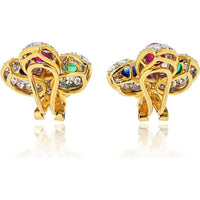 18K Yellow Gold Floral Earrings with Ruby, Emerald, Sapphire, and Diamond Accents - 17.5 Grams Total Weight