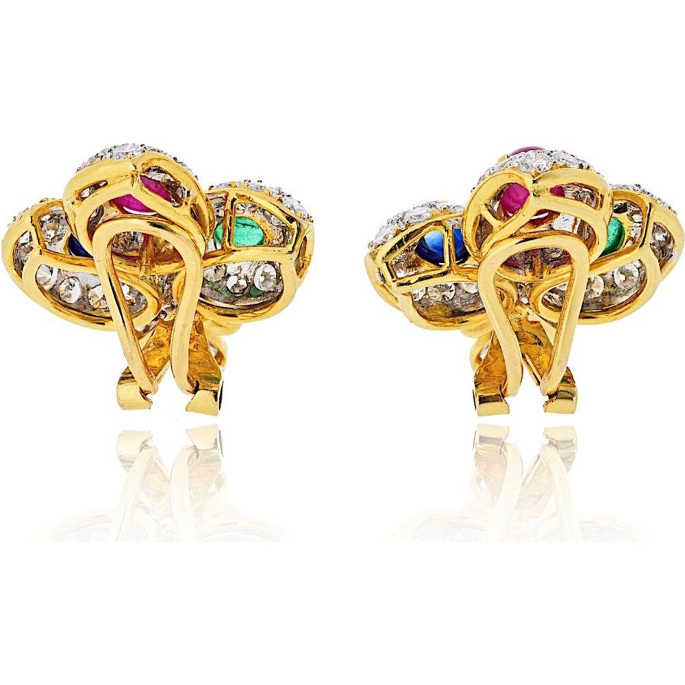 18K Yellow Gold Floral Earrings with Ruby, Emerald, Sapphire, and Diamond Accents - 17.5 Grams Total Weight