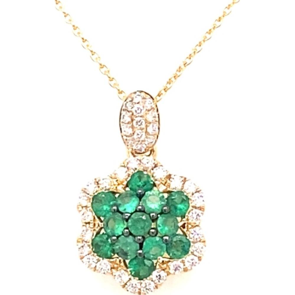 18K Yellow Gold Floral Emerald and Diamond Halo Pendant Necklace by Afarin