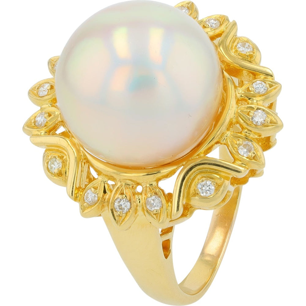18K Yellow Gold Floral Halo Ring with 13.3mm Lustrous Pearl and 0.15 Carat Round Diamond Accents