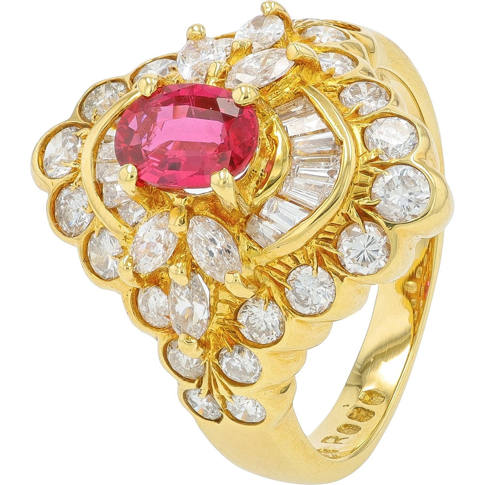 18K Yellow Gold Floral Halo Ring with Oval Ruby and Mixed-Cut Diamonds - 0.80 Carat Ruby and 1.49 Carat Total Diamond Weight