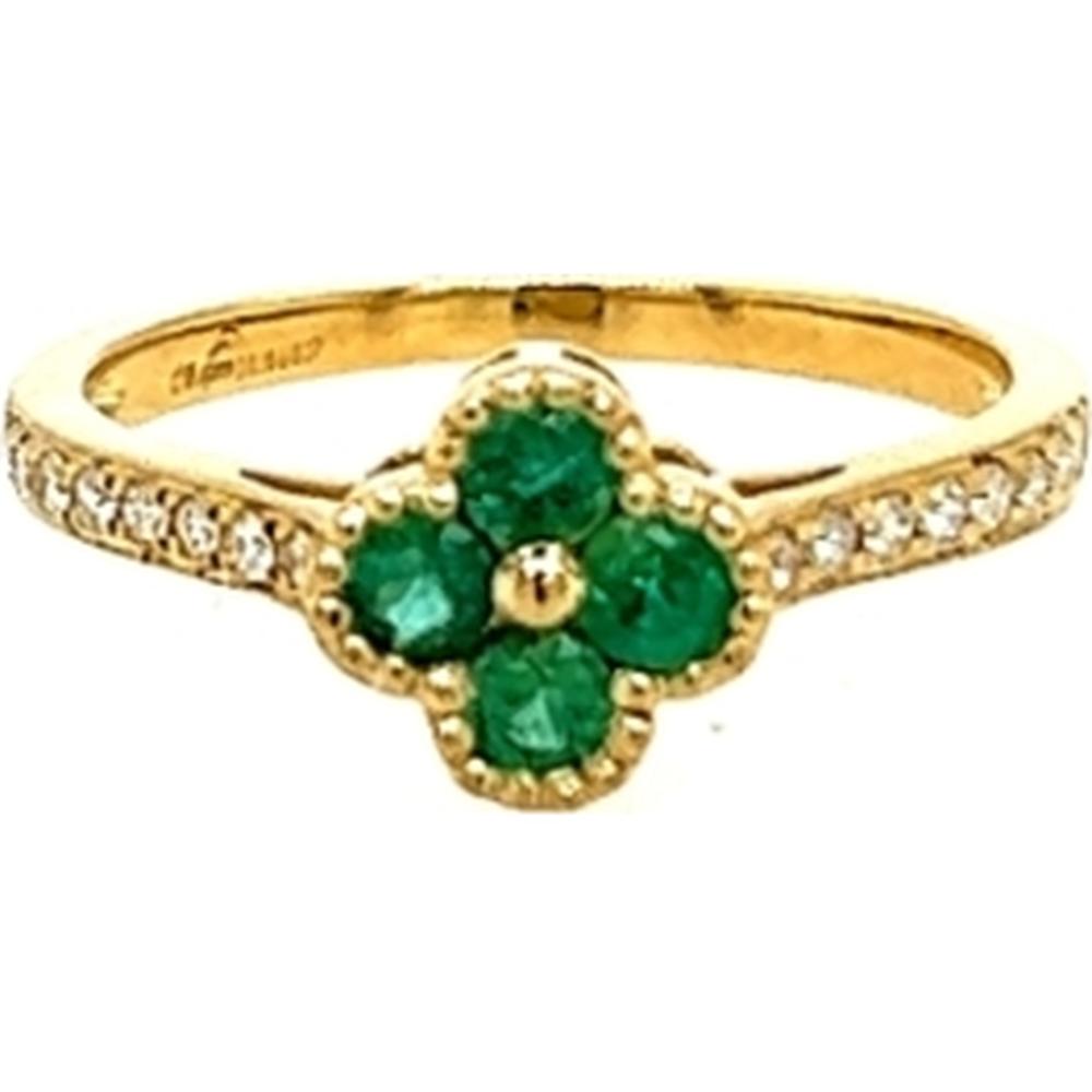 18K Yellow Gold Floral Motif Ring with Emerald Cluster and Diamond Accents by Afarin