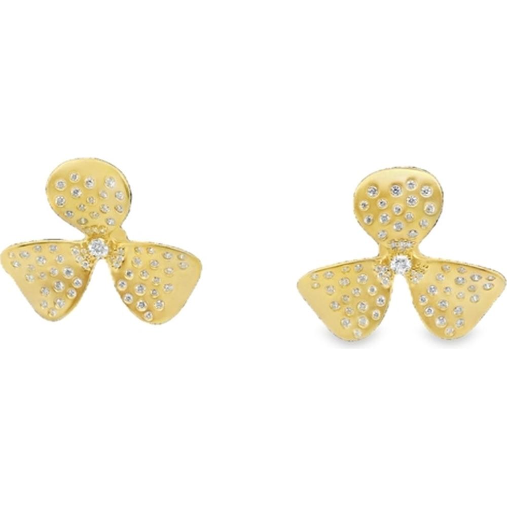 18K Yellow Gold Floral Motif Stud Earrings with Pavé Set Round Diamonds by Afarin