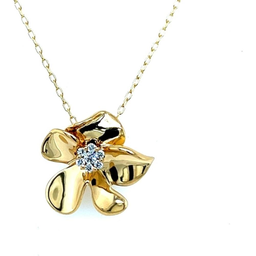 18K Yellow Gold Floral Pendant Necklace with Diamond Cluster Center by Afarin