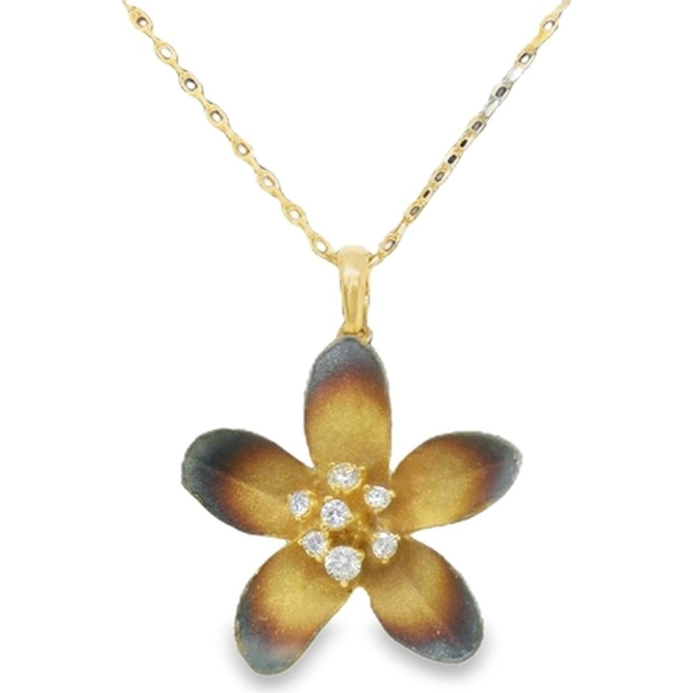 18K Yellow Gold Floral Pendant Necklace with Round Diamond Accents by Afarin