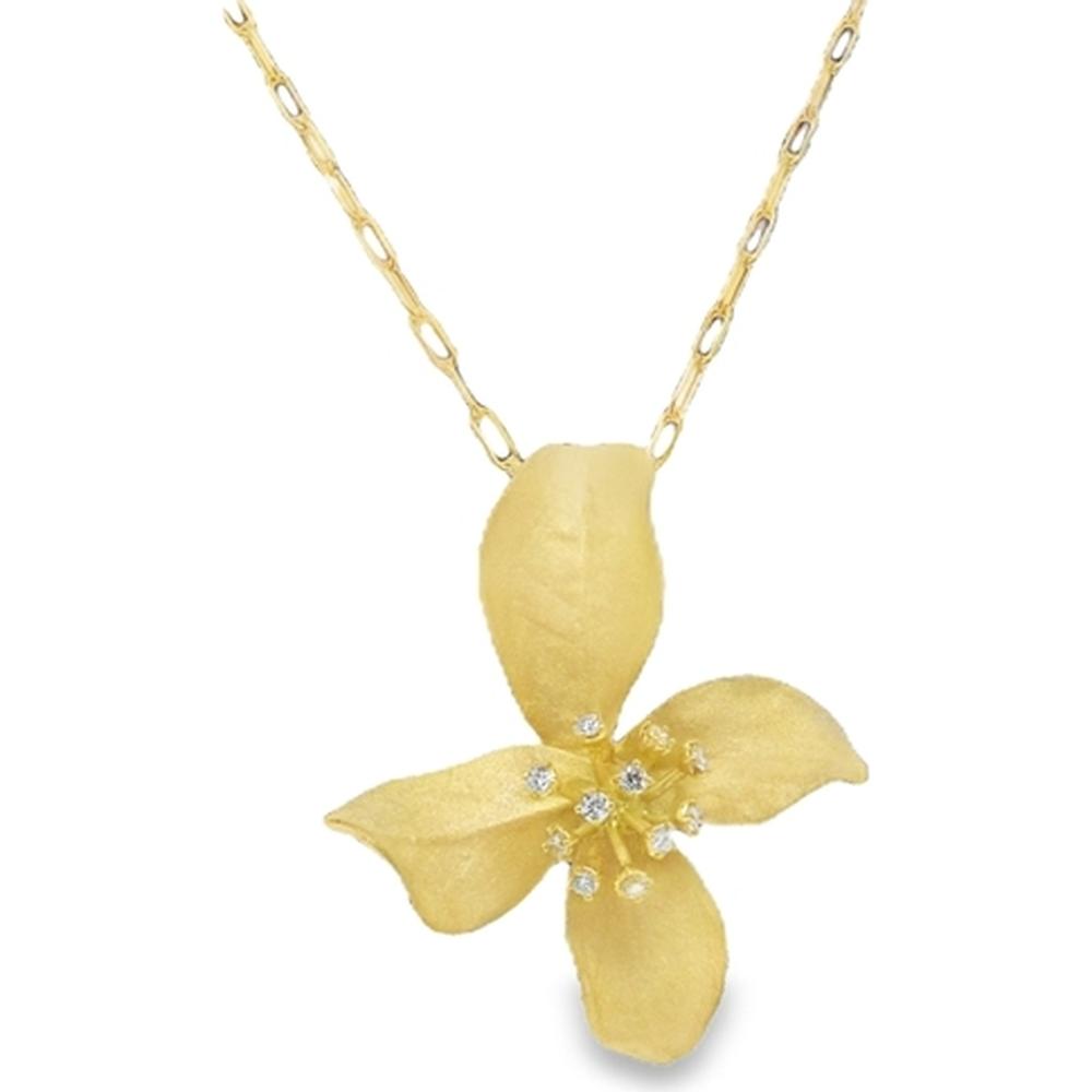 18K Yellow Gold Floral Pendant Necklace with Round Diamond Accents by Afarin