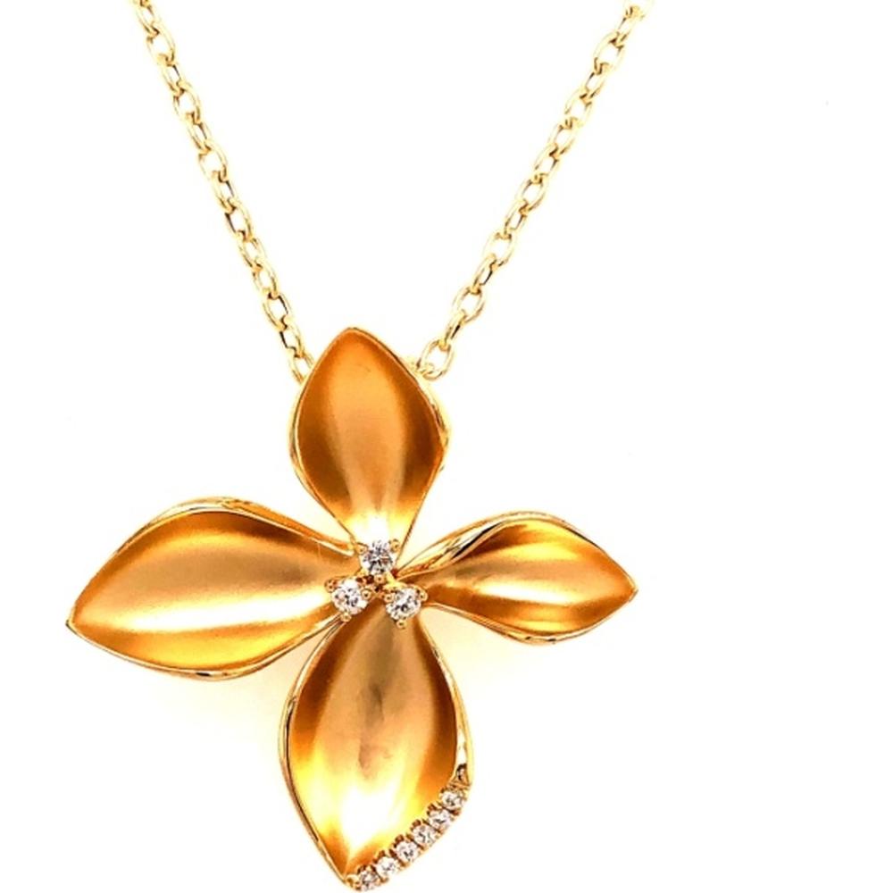 18K Yellow Gold Floral Pendant Necklace with Round Diamond Accents by Afarin
