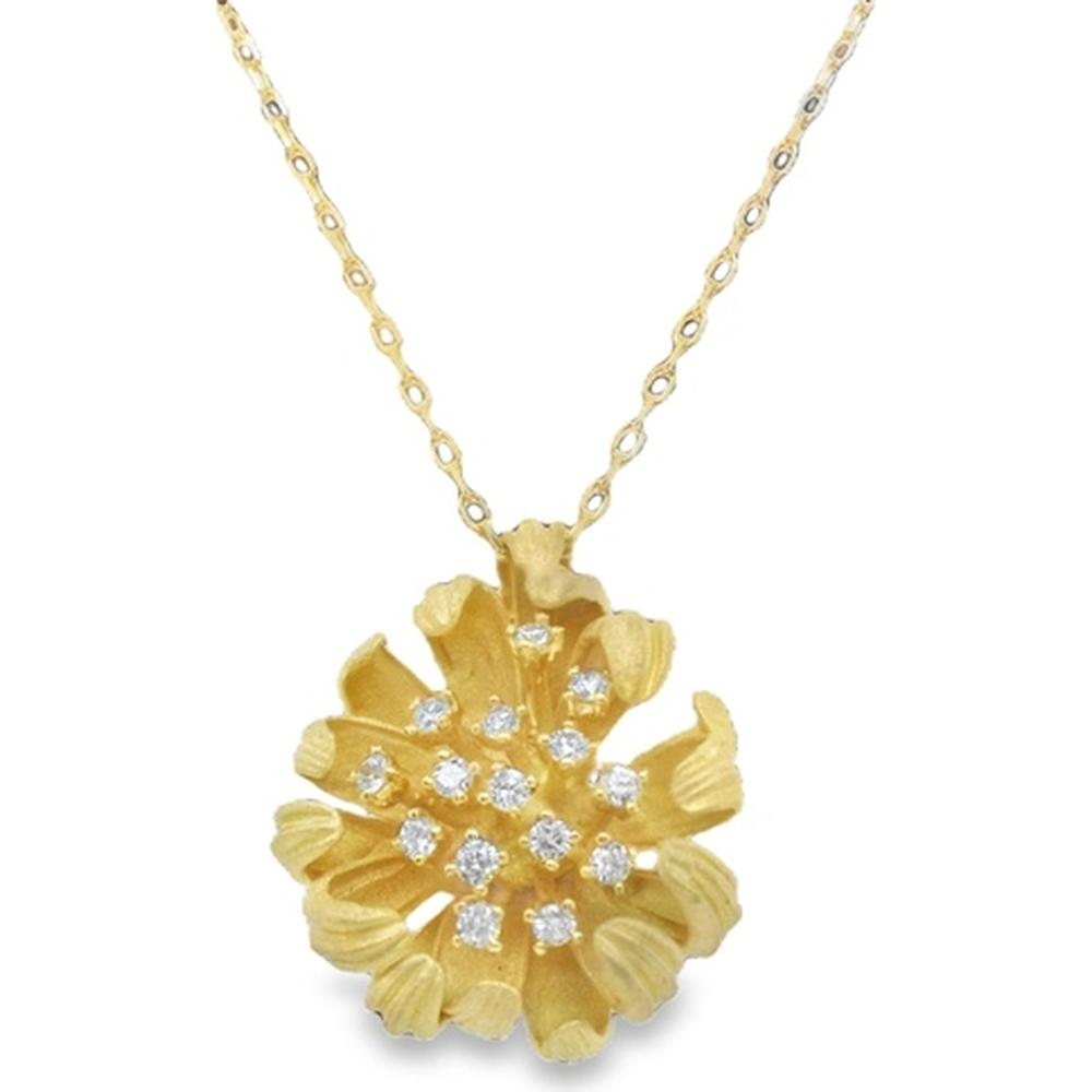 18K Yellow Gold Floral Pendant Necklace with Round Diamonds by Afarin